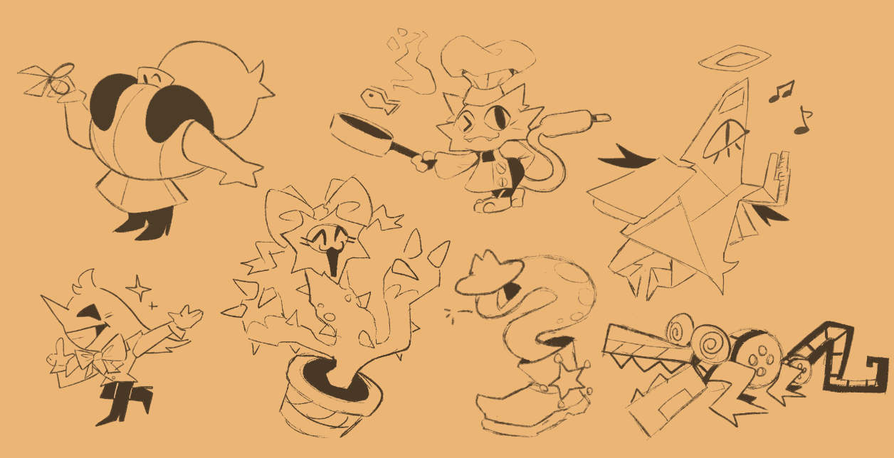 Various character concept designs. A perfume bottle. A chef cat. A paper nun. A dapper bird. A pretty cactus. A snake sheriff. A filmreel reptile.